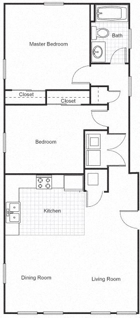 Floor plan for 2 beds, 1.5 baths, 938 sqft